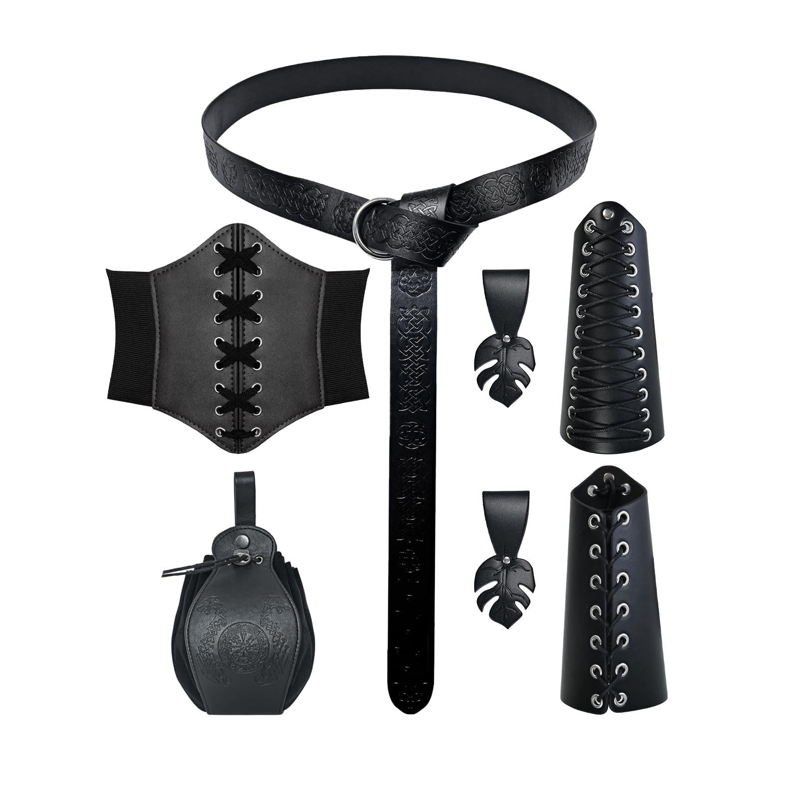 YRTBGD 5 Piece Medieval Clothing for Women Accessories Set, Renaissance Viking Renaissance Knight Decoration with Corset Belt Arm Protectors Belt Bag Clothes Clip for Halloween Carnival, black, One