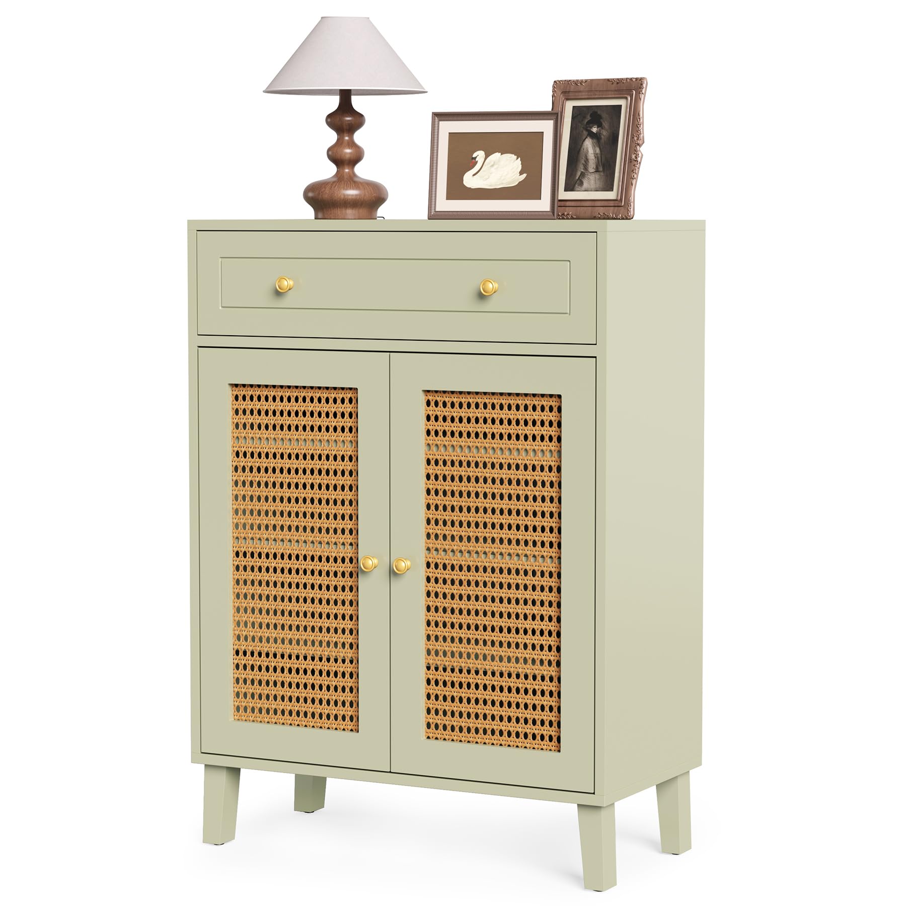 Photo 1 of *MINOR DAMAGE - USED*
LITTLE TREE Shoe Cabinet for Entryway, 4-Tier Shoe Organizer with Adjustable Shelves & Drawer, Freestanding Mint Green Shoe Cabinets with Rattan Doors for Hallway, Bedroom, Living Room