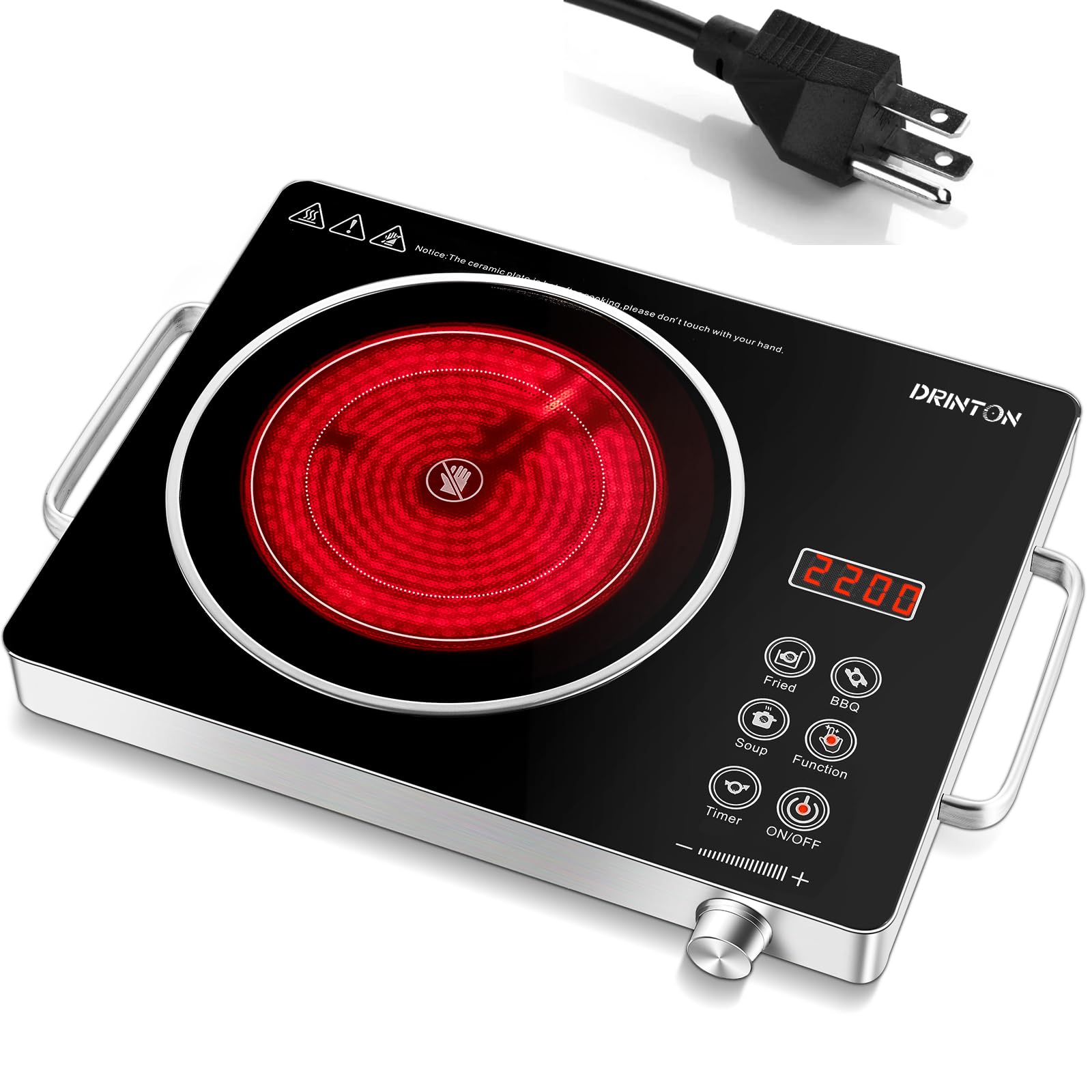 Photo 1 of DRINTON Electric Cooktop Hot Plate, 2200W 110V Electric Single Burner with 2H Timer, Adjustable Temperature for Countertop Cooking, Portable Stove Top Infrared Cooker, Compatible for All Cookwares