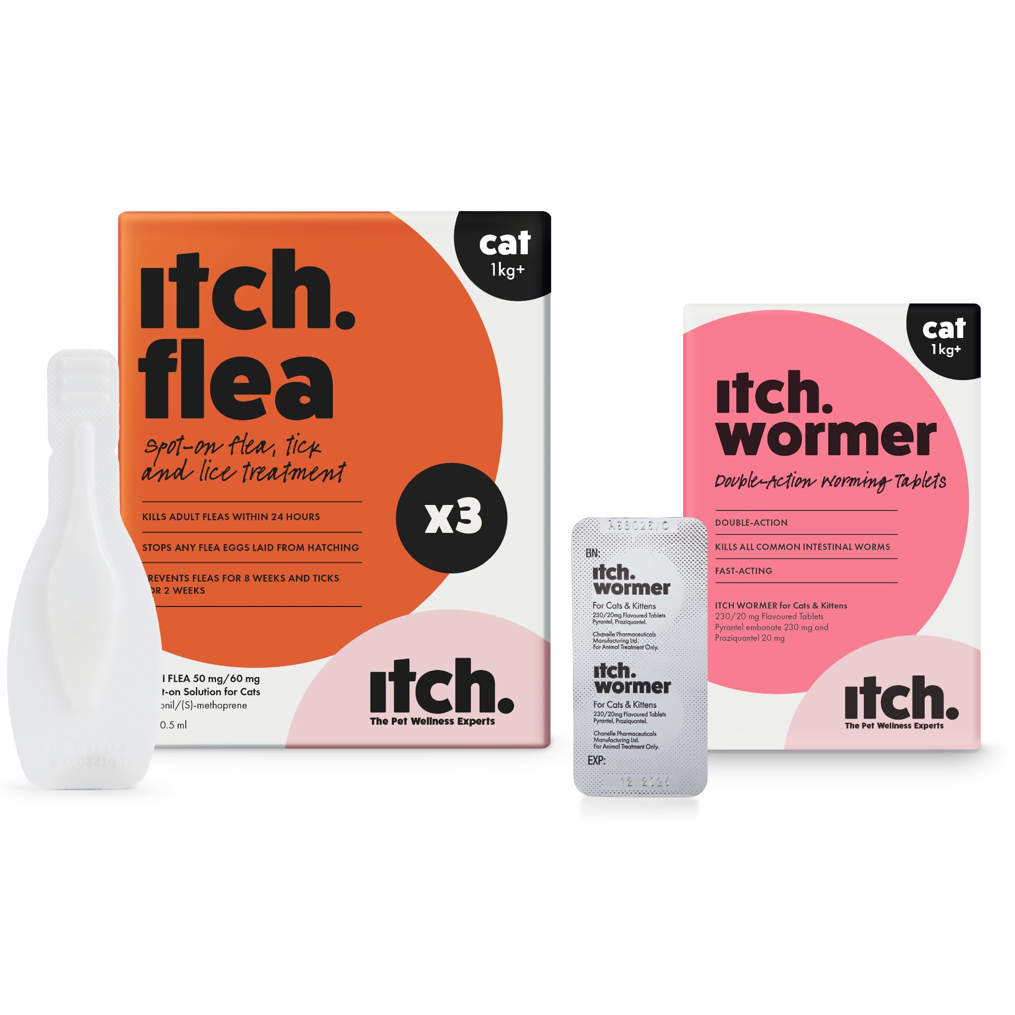 Itch - Cat Flea and Wormer Bundle for 1kg+ Cats - 3 Flea Treatment Pipettes and 2 Worming Tablets