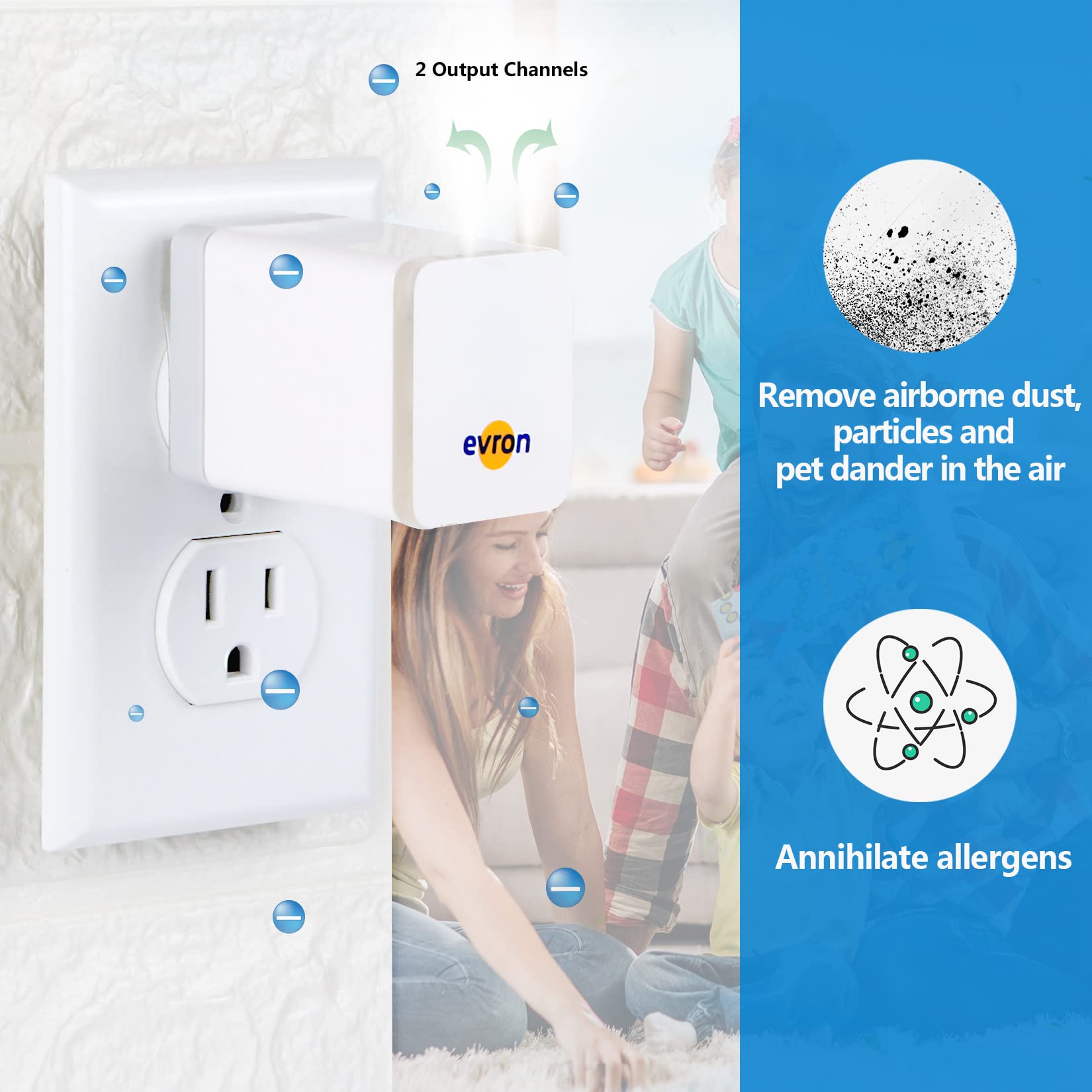 evron Plug-In Air Ionizer for Home & Travel, 20 Million Negative Ions/sec, Compact & Foldable Prongs, No Filter Needed, Quiet Odor Eliminator for Room, Pet, Bathroom, Hotel (Blue light 1 Pack)