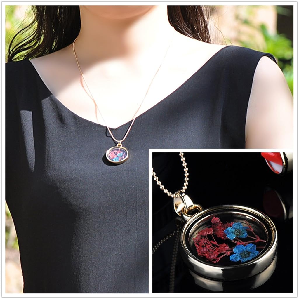 Yumilok 3pcs Real Dry Forget me not/Four Leaf Clover Specimen Transparent Glass Alloy Round Bottle Pendant Necklace for Women/Girls - Image 5