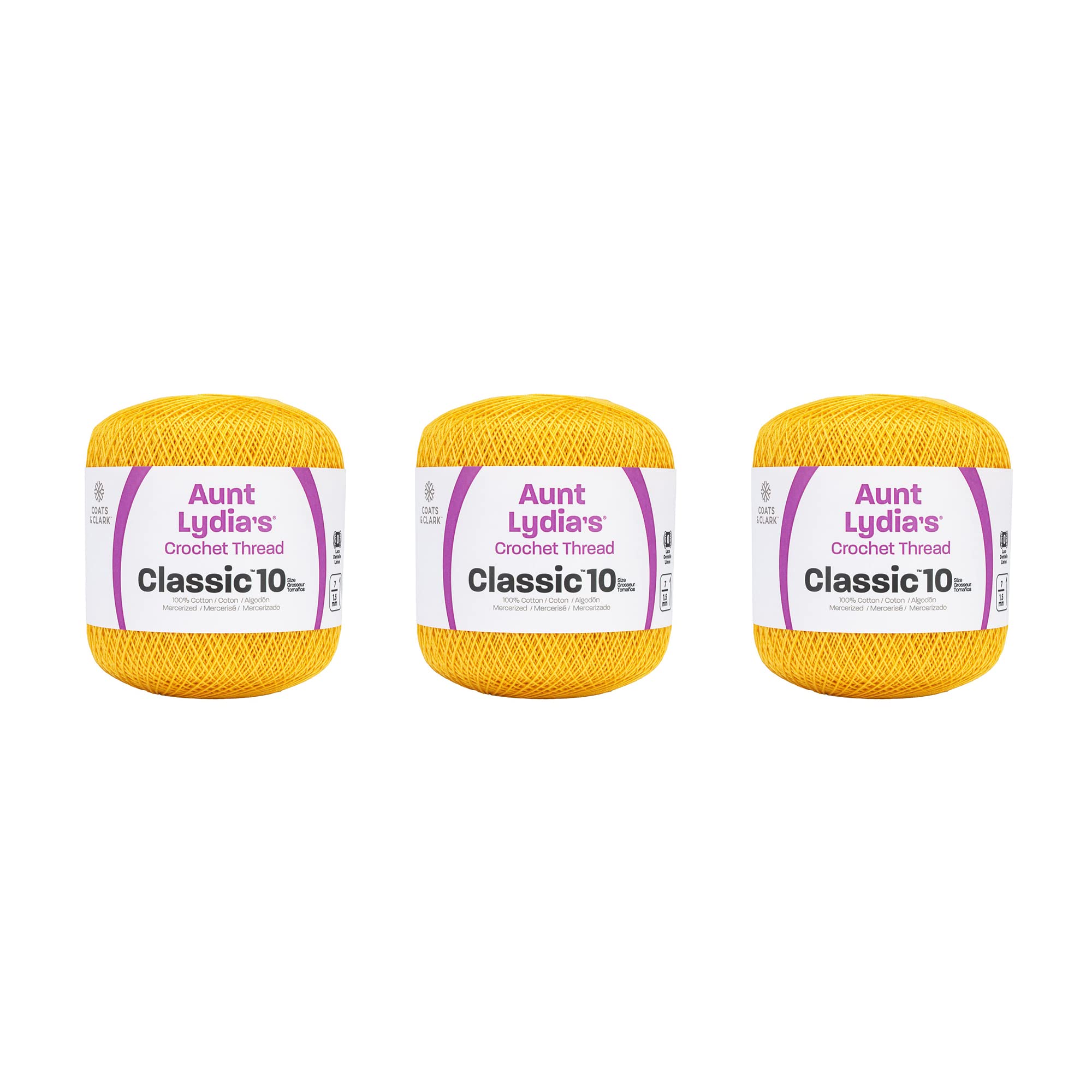 Aunt Lydia Classic Golden Yellow Crochet - 3 Pack of 350y/320m - Cotton - Gauge 10 - Crochet