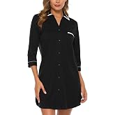 EA'S SECRET 100% Cotton Nightgowns for Women 3/4 Sleeve Button Down Nightshirts Soft V-Neck Knee Length Sleepwear With Pocket