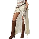 BEAUDRM Women's Floral Lace Boho Maxi Skirt Drop Waist Ruffle Sheer Mesh Cowgirl Vacation Skirt