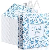 Qilery 100 Pcs Blue Floral Gift Bags Bulk Thank You Bags with Handles 12" x 15" Plastic Thank You Appreciation Party Favor Candy Treat Goodie Gift for Christmas Wedding Welcome Bride Shower Engagement