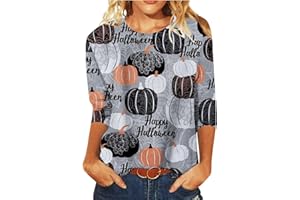 FARTEY 3/4 Length Sleeve Womens Tops Casual Pumpkin Cat Print Halloween Shirts Round Neck Loose Lightweight Fall Tops Blouses