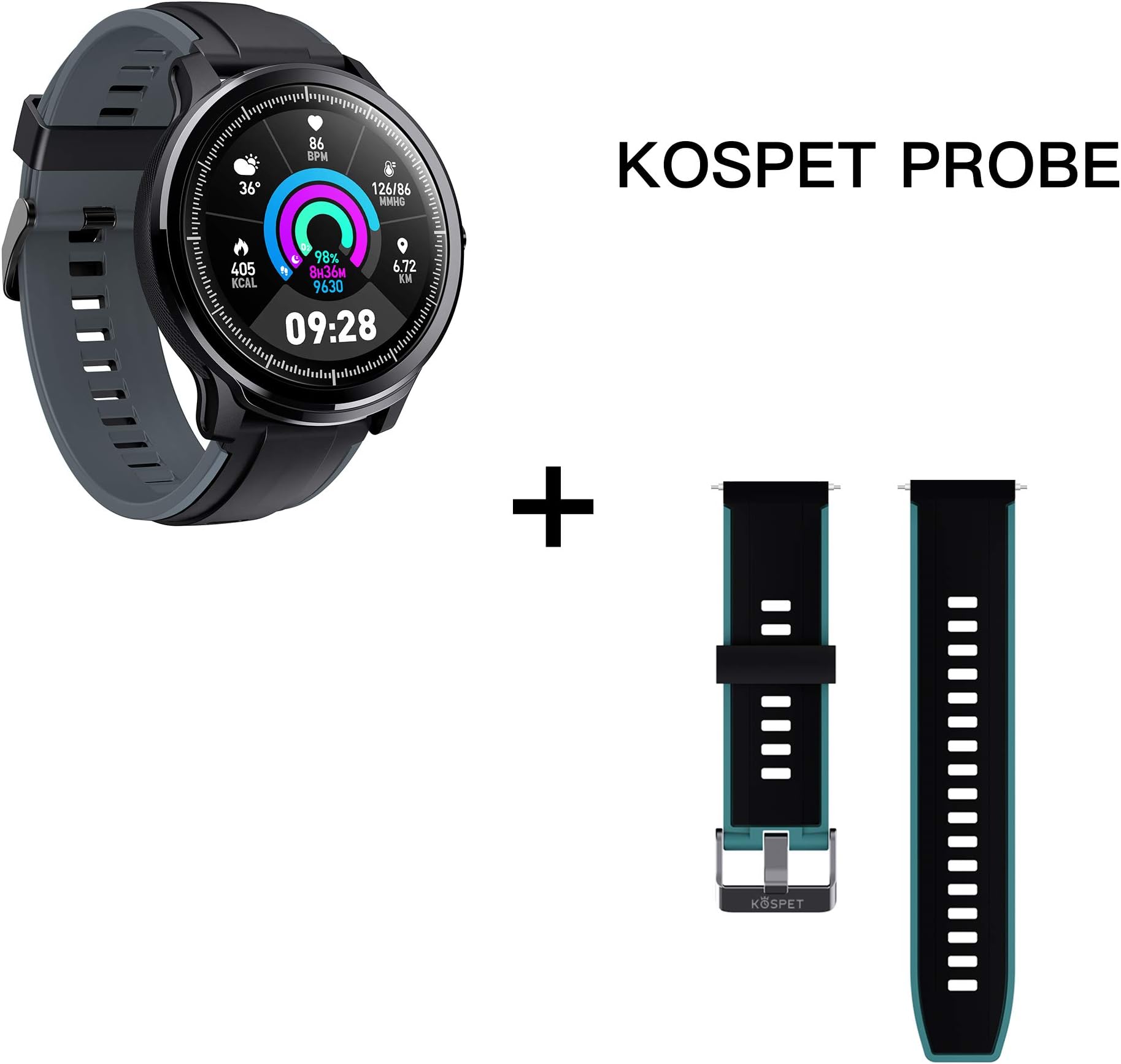 Probe Smartwatch Bluetooth 250mAh Full Touch Panel Waterproof IP68 Heart Rate Pedometer Sleep Monitor Weather Notifications Display Sedentary Reminder Quick View Android iOS (Black+Green Belt)