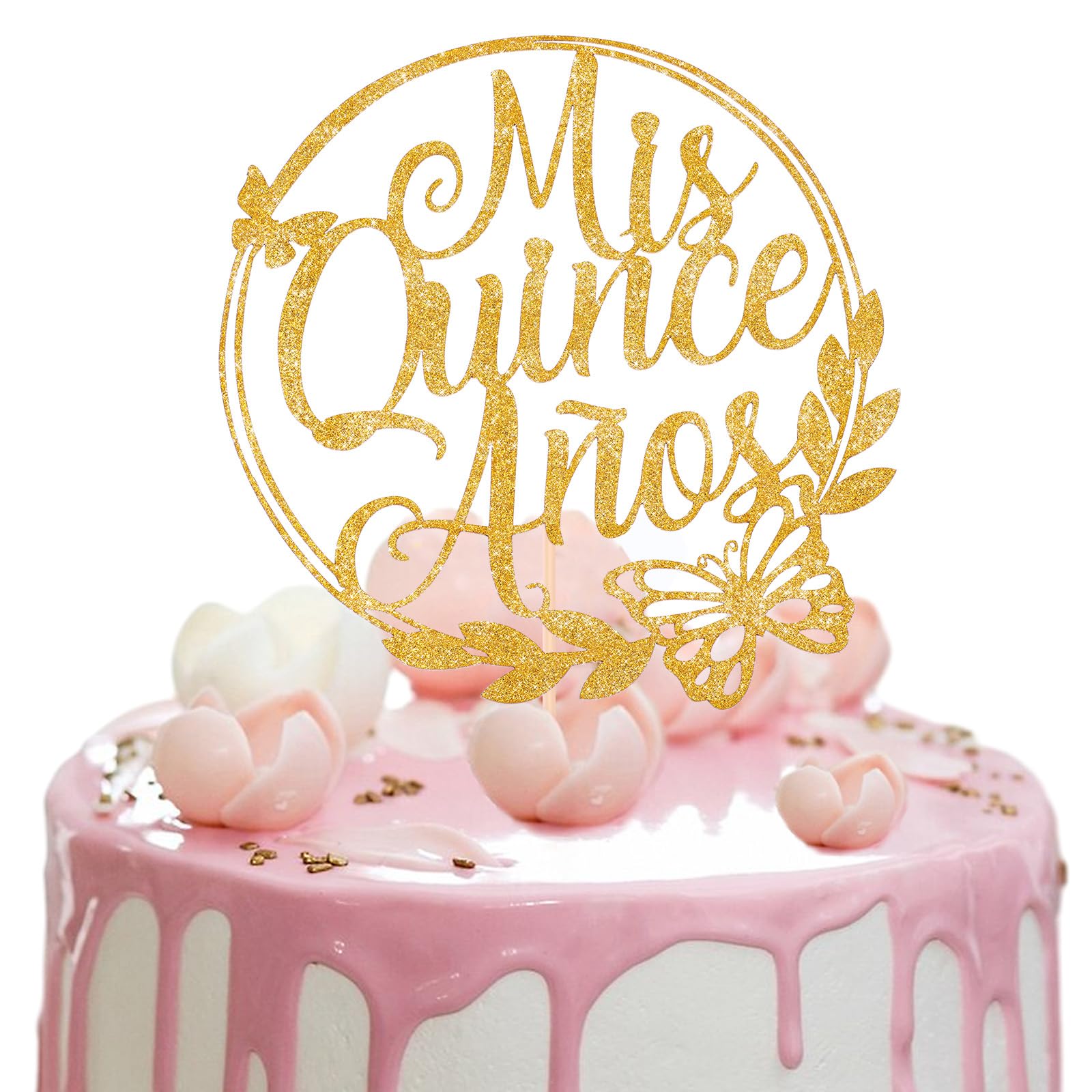 Photo 1 of ***HAS BEEN USED***HJZHII 2PCS Mis Quince Anos Cake Topper, Gold 15th Birthday Cake Topper Feliz 15 Años Hello 15 Cake Mis 15 Años Decoration for 15th Birthday Cakes Party Decor