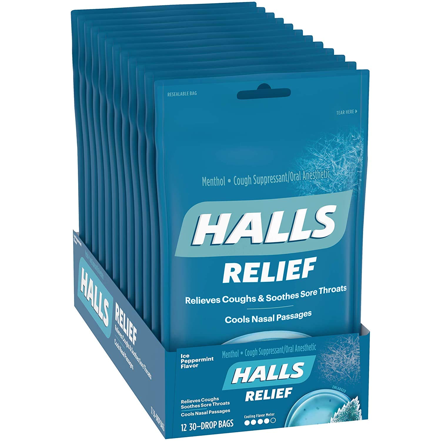 HALLS Relief Ice Peppermint Flavor Cough Drops, 12 Bags (360 Total Drops) : Cough Drops : Grocery & Gourmet Food