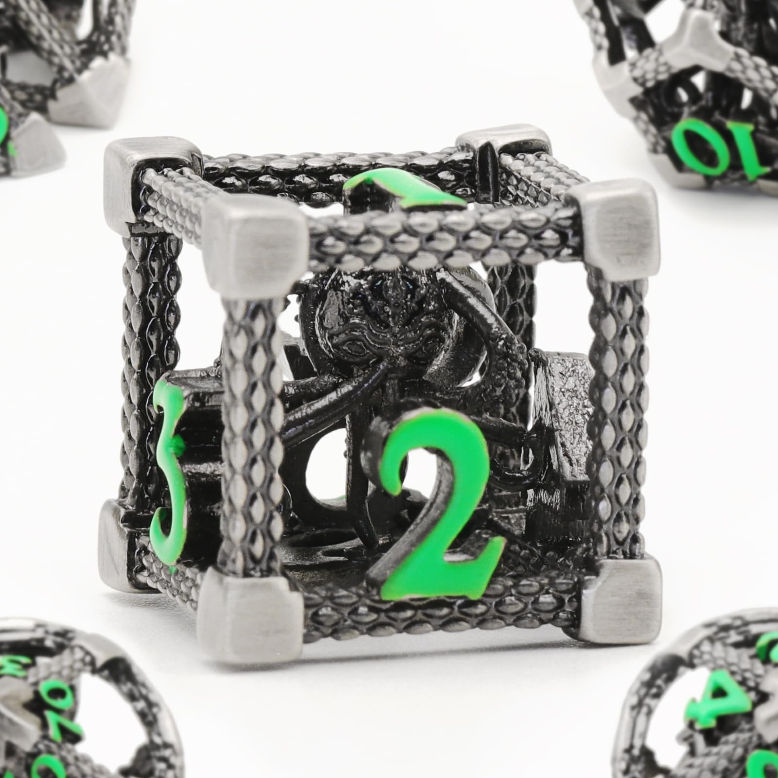 DND Dice Set for Dungeons and Dragons, ZHOORQI D and D Polyhedral Dice 7 Pcs/Set, The Cthulhu Metal Dice Set for Role Playing Tabletop Games（Z-Green Number）