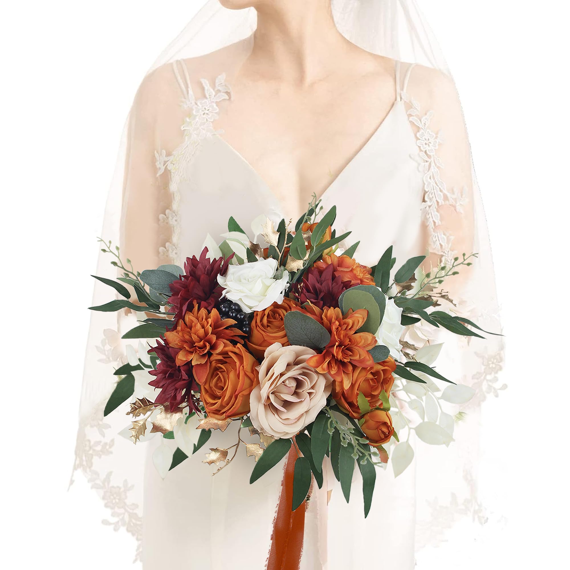Photo 1 of Rinlong 12.5 Inch Fall Wedding Bouquets for Bride Burnt Orange Bridal Bouquet for Wedding Artificial Terracotta Bouquets Boho Silk Flowers for Wedding Ceremony