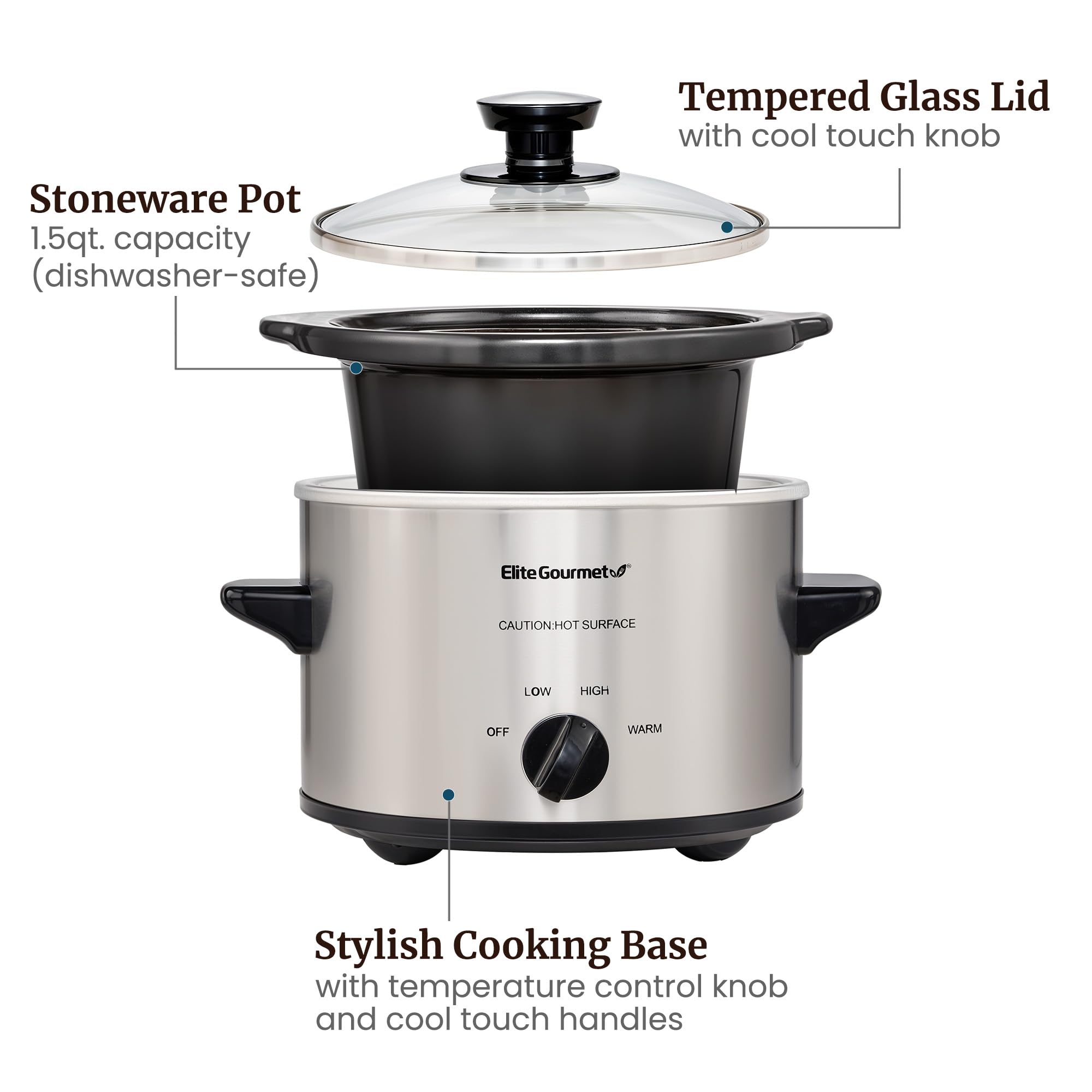 Elite Gourmet MST-250XS Electric Slow Cooker Ceramic Pot, Adjustable Temp, Entrees, Sauces, Stews & Dips, Dishwasher Safe Glass Lid & Crock, 1.5 Quart, Stainless Steel