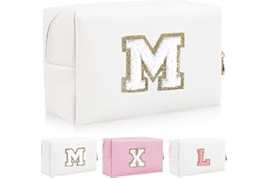 IQIMOTT Personalized Initial Letter Patch Makeup Bag, Preppy Portable Chenille Letter Cosmetic Bag with Zipper, PU Leather Waterproof Travel Toiletry Bag Monogram Make Up Pouch for Women Girls(Letter M)