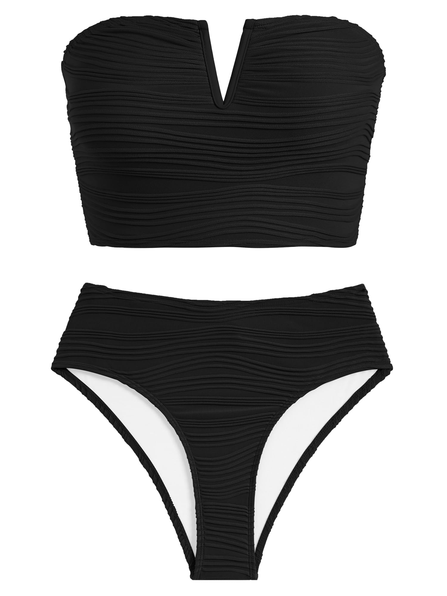 Photo 1 of (MEDIUM) (BAGGED) ZAFUL High Waisted Bandeau Bikini Set Women Strapless Two Piece Swimsuits Textured Longline Full Coverage Bathing Suits Black, M