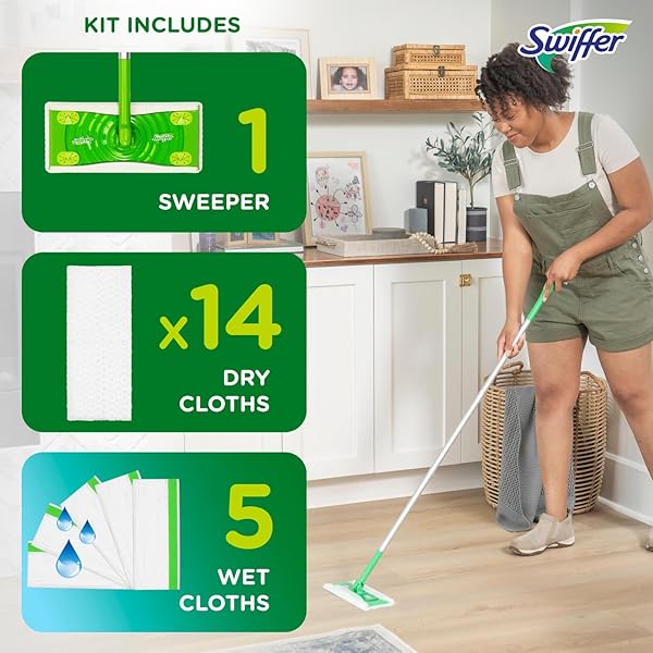 SWIFFER SWEEPER 2-IN-1 MOPS FOR FLOOR CLEANING, DRY AND WET MULTI SURFACE FLOOR CLEANER, SWEEPING AND MOPPING STARTER KIT, INCLUDES 1 MOP + 19 REFILLS, 20 PIECE SET