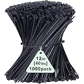 1000 Pack Zip Ties Black, 12 inch Cable Ties, Long Plastic Tie Wraps, Tensile Strength 40lbs, Heavy Duty Cable Management Sel