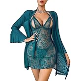 Avidlove Women Sexy Lingerie Set 3 Piece Mesh Kimono Robe with Lace Babydoll Sleepwear Halter Lingerie Nightgown