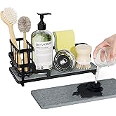 Consumest Sponge Holder for Kitchen Sink - Sink Caddy Organizer with Water Absorbing Stone Tray, Detachable Brush Holder, Stainless Steel Kitchen Counter Organizer Rack, Black