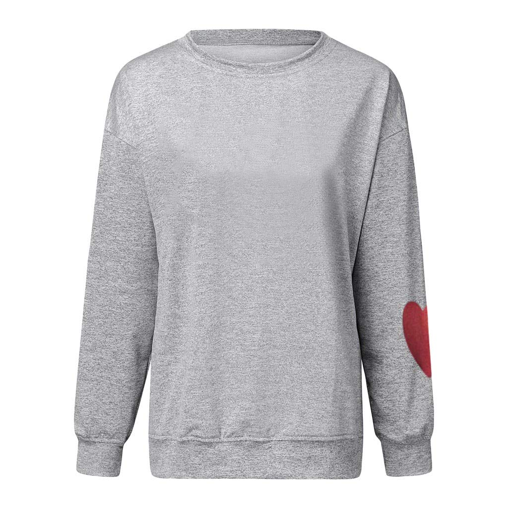 Winsummer Womens Valentine\'s Day Sweatshirts Jumper Top Heart Pattern Elbow Patch Long Sleeve Crewneck Pullover Shirts