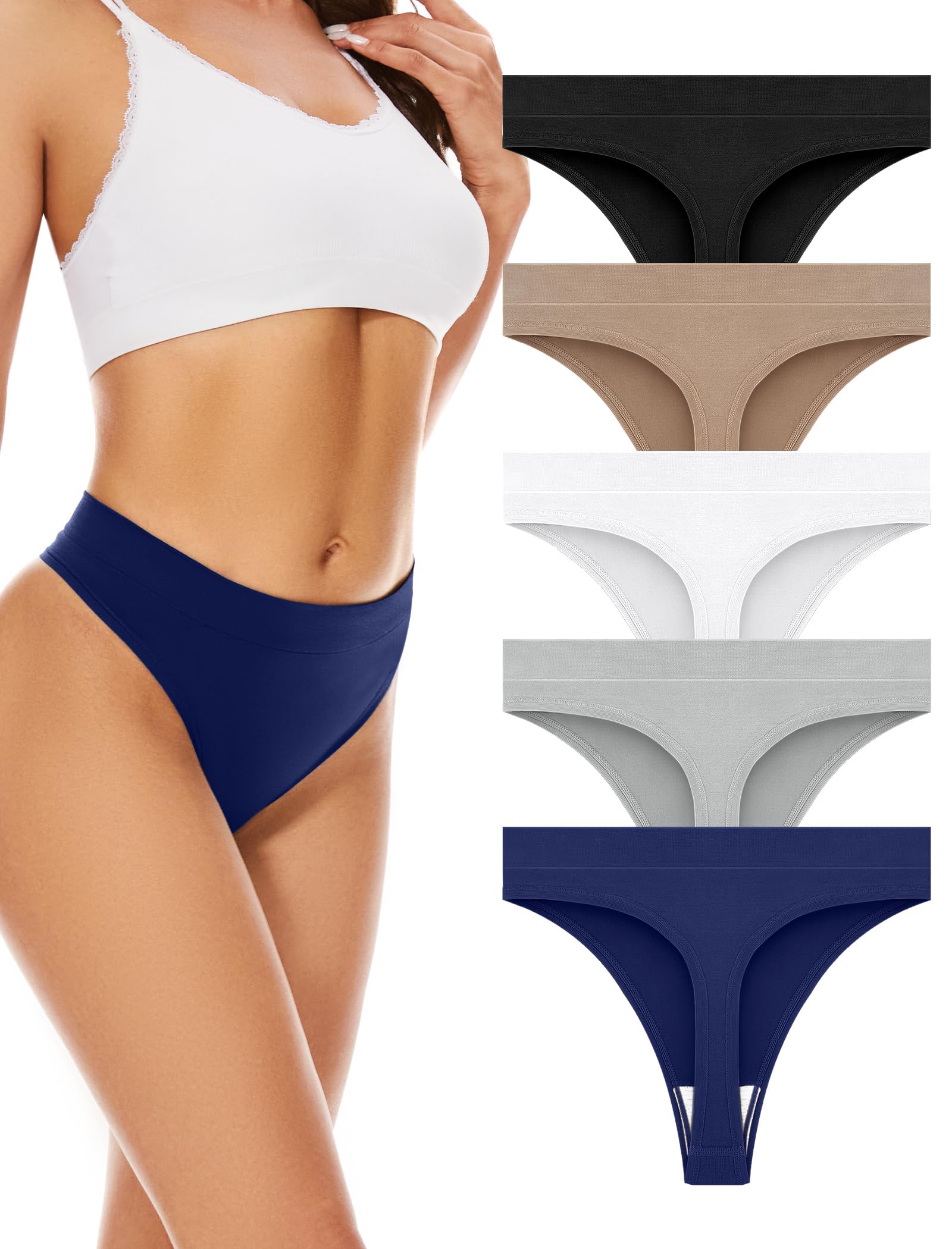 Photo 1 of voenxe Seamless Womens Thong Underwear,High Waisted Tanga Woman No Show Panties,Breathable Workout Comfortable Undies,5 Pack Basic