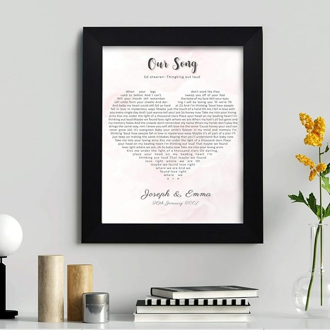 Personalised First Dance Wedding Song Lyrics Heart Print in Frame Wall