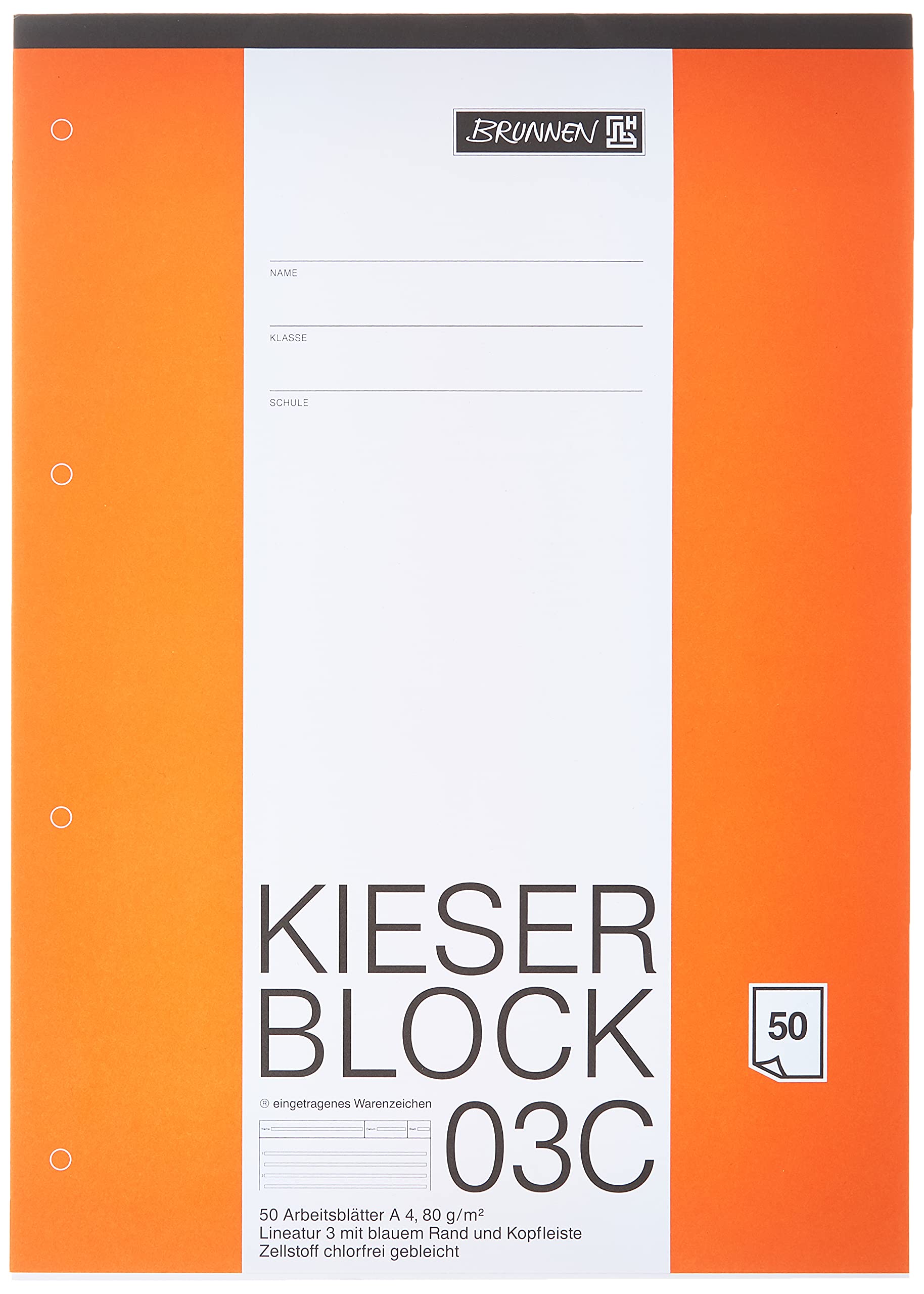 Brunnen A4 Briefpapierblock Kieserblock Schullineatur 3, Pack of 50, White