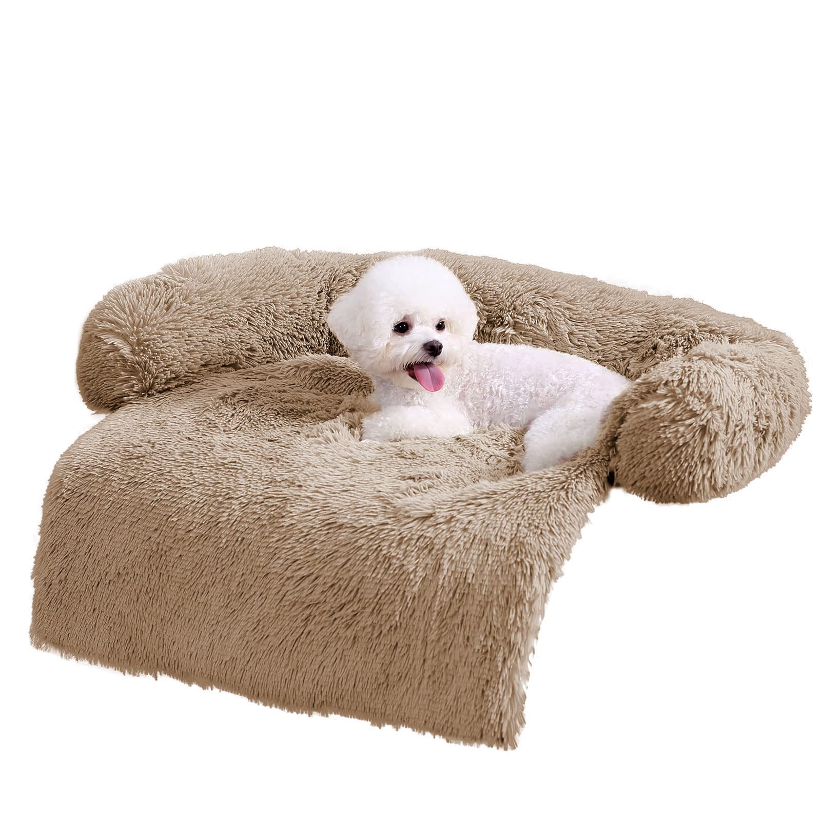 HachiKitty Calming Pet Sofa Bed Mat, Washable Plush Couch Cover for Dogs and Cats, Furniture Protector with Anti-Slip Bottom (30"x 27"x 6", Camel) — image 1