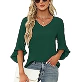 Qirno Chiffon Blouses for Women Ruffle 3/4 Sleeve Dressy V Neck Casual Flowy Tunic Tops
