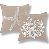 Coastal Pillow Covers 16x16 Inch Set of 2 Brown Tan Coral Starfish Throw Pillows Summer Nautical Beach Ocean Decorations Linen Pillowcase Outdoor Decor Farmhouse Cushion Case for Home Bedroom