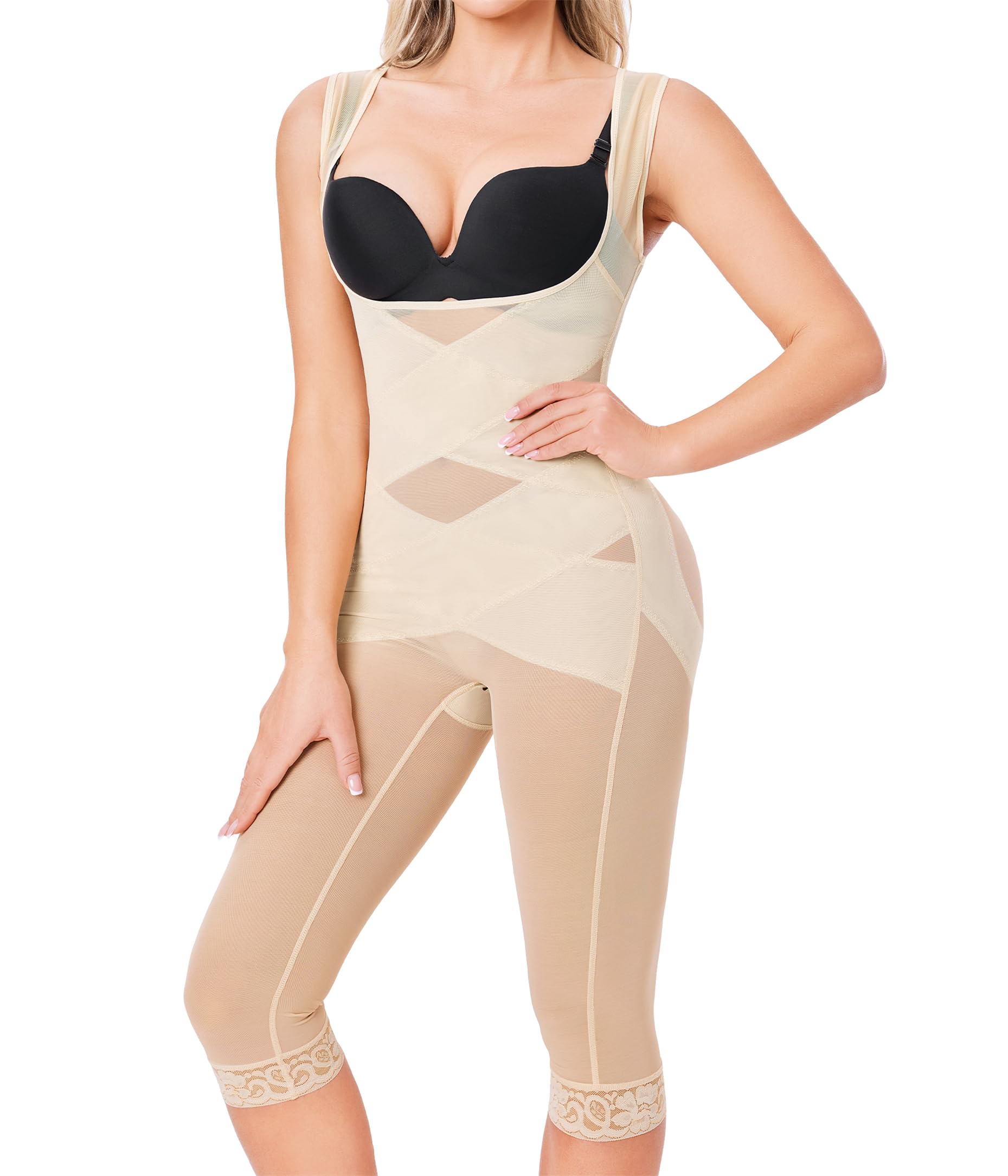 Photo 1 of Nebility Shapewear Bodysuit for Women Tummy Control Full Body Shaper Waist Trainer Open Bust Mid-Thigh Bodysuit