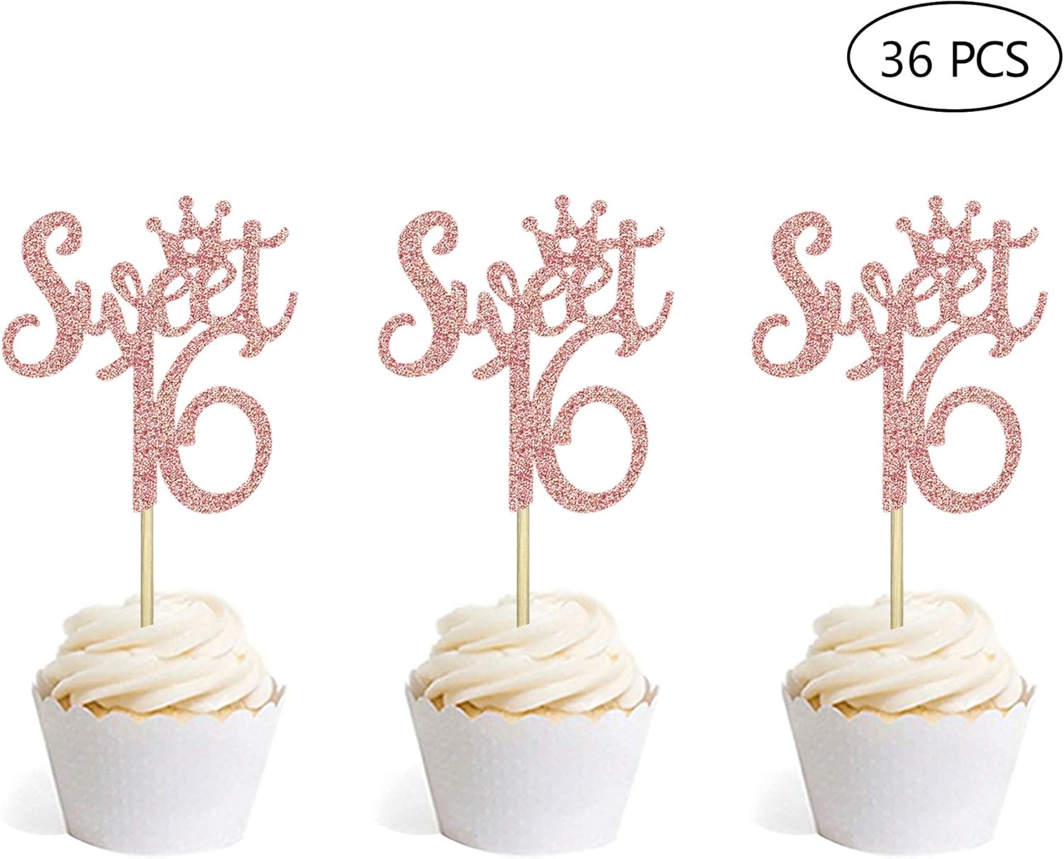 Speed Sell EU 156 36 PCS Rose Gold Glitter Sweet 16 Cupcake Toppers