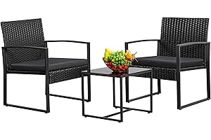 Greesum 3 Piece Wicker Conversation Bistro Sets Outdoor Patio Set Modern Rattan Chair Furniture Sets with Coffee Table for Yard Garden Porch Lawn (Black)