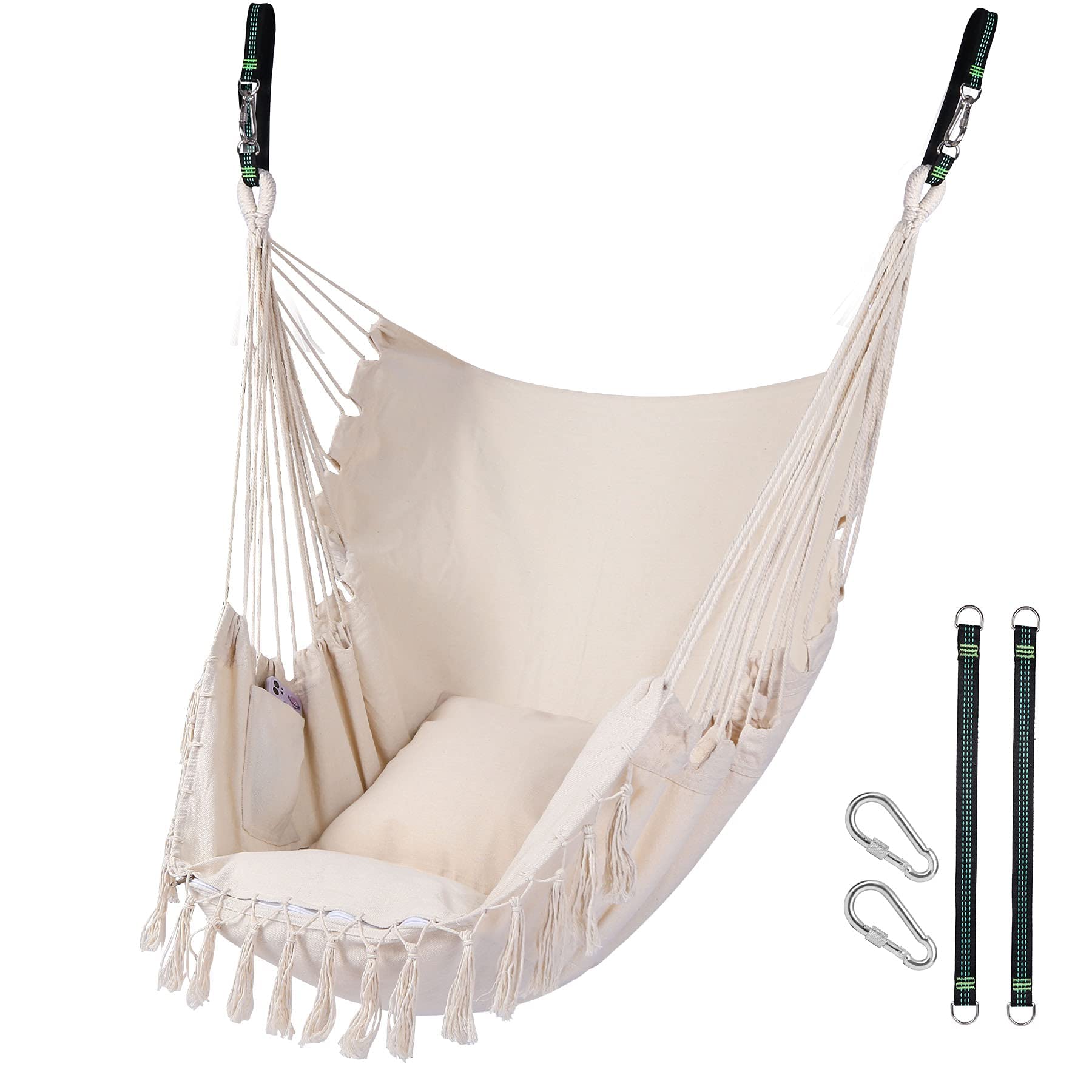 RedSwing Hanging Hammock Chair, Hanging Rope Swing with 2 Cushions, Hardware Kits and Quality Cotton Weave for Superior Comfort and Durability, Max Load 330Lbs,Beige