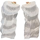 Winged Sirenny Belly Dance Silk Fan Veils Adjustable Pairs, 70"(180 cm) Worship Praise Flags Streamers(white)