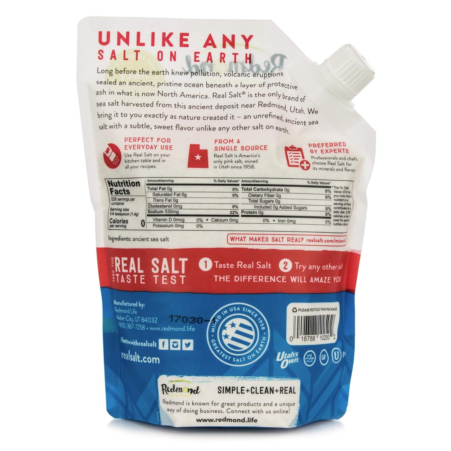 REDMOND Real Sea Salt - Natural Unrefined Organic Gluten Free Fine, 26 ounce pouch (1 Pack) : Grocery & Gourmet Food