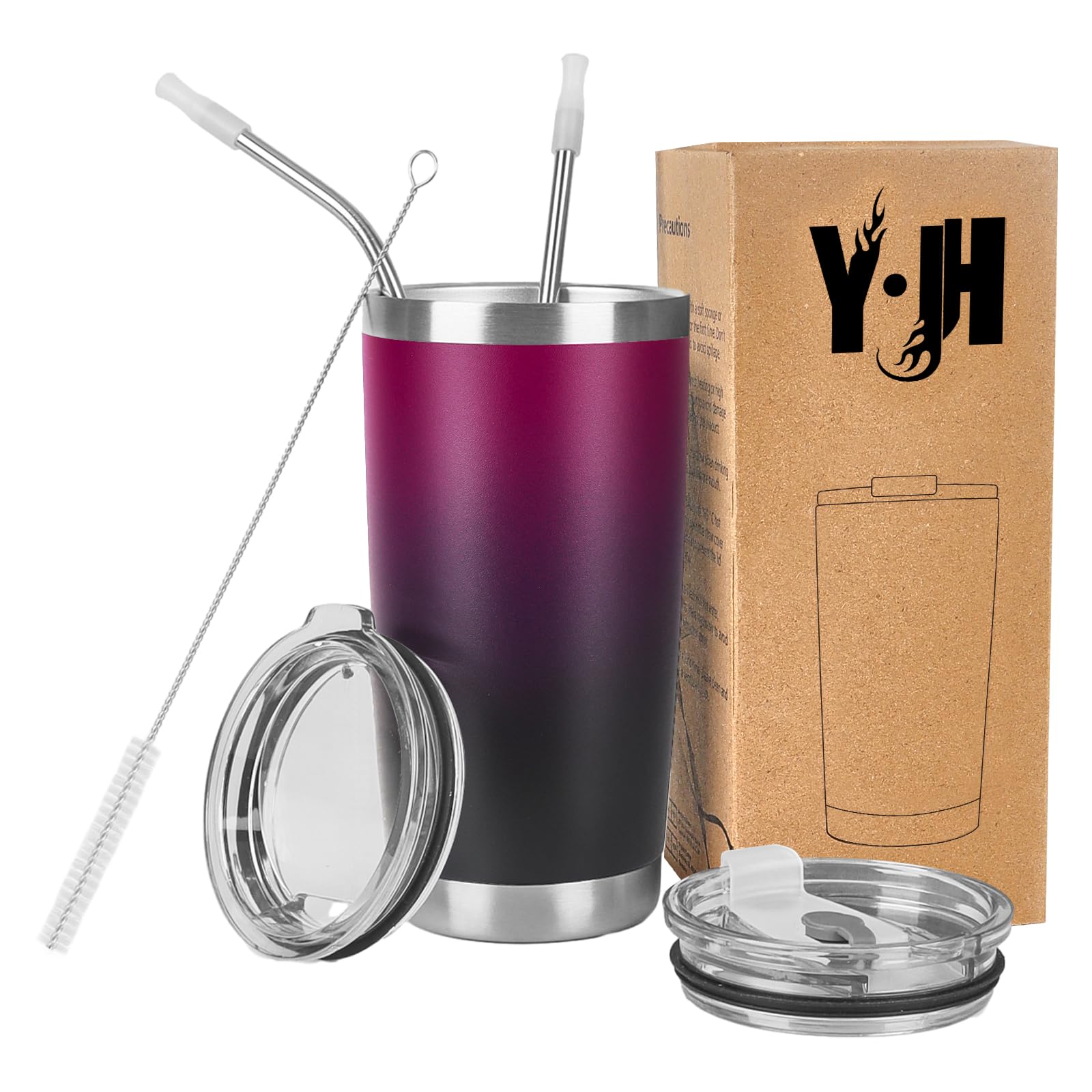 Y·J&H 20oz (550ml) Travel Tumbler Double Wall Vacuum Insulated Coffee Mug Stainless Steel Coffee Cup with 2 Splash Proof Lid, 2 Straws & Free Cleaning Brush, BPA Free - Purple&Black