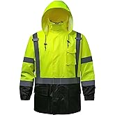 DPSAFETY Reflective Rain jackets for men waterproof,Hi Vis Safety Coat With Reflective Strips,High Visibility Class 3 Rain jackets With 2 large pockets,Zipper,Black Bottom Lime,SM/MD