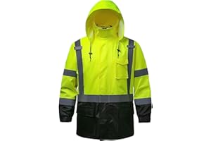 DPSAFETY Reflective Rain jackets for men waterproof,Hi Vis Safety Coat With Reflective Strips，High Visibility Class 3 Rain jackets With 2 large pockets，Zipper,Black Bottom Lime,2XL/3XL