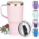 GUDEMAO 20 oz Insulated Coffee Mug with Ceramic Coating, Stainless Steel Travel Mug Tumbler with Handle Lid and Straw, Double Wall Leak-Proof Coffee Travel Mug Keeps Drink Hot and Cold (Pink)