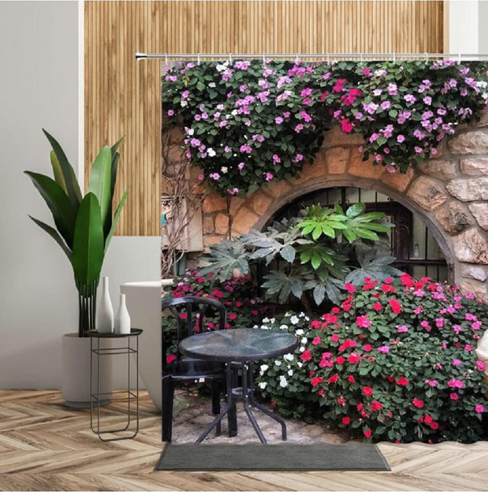 JIANGLANY Beautiful Scenery Garden Curtain Red Flowers on Stone Wall Green Plants Arch Window 3D Shower Curtain and Window Bathroom Decor Fabric with Hook 71X 71 inches