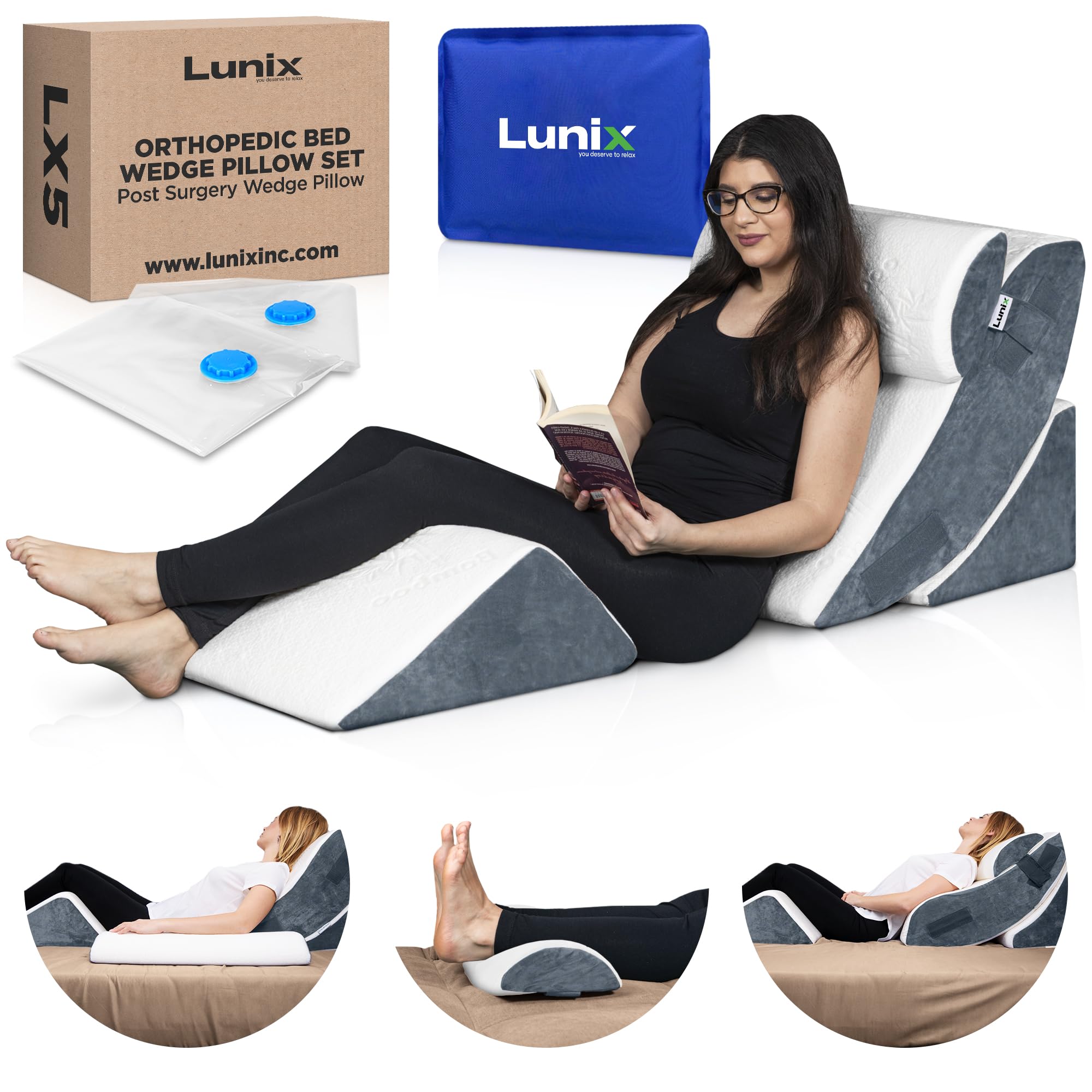 Lunix 4pcs Orthopedic Bed Wedge Pillow Set, Post Surgery Memory Foam for Back, Knee, Leg Pain Relief, Sitting Pillow for Sleeping, Acid Reflux, GERD, with Hot Cold Pack, Navy