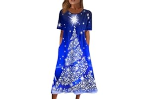 UDAUDU Christmas Dresses for Women Short Sleeve Dress Snowflakes Printed Dress Bohemian Maxi Dresses with Pockets