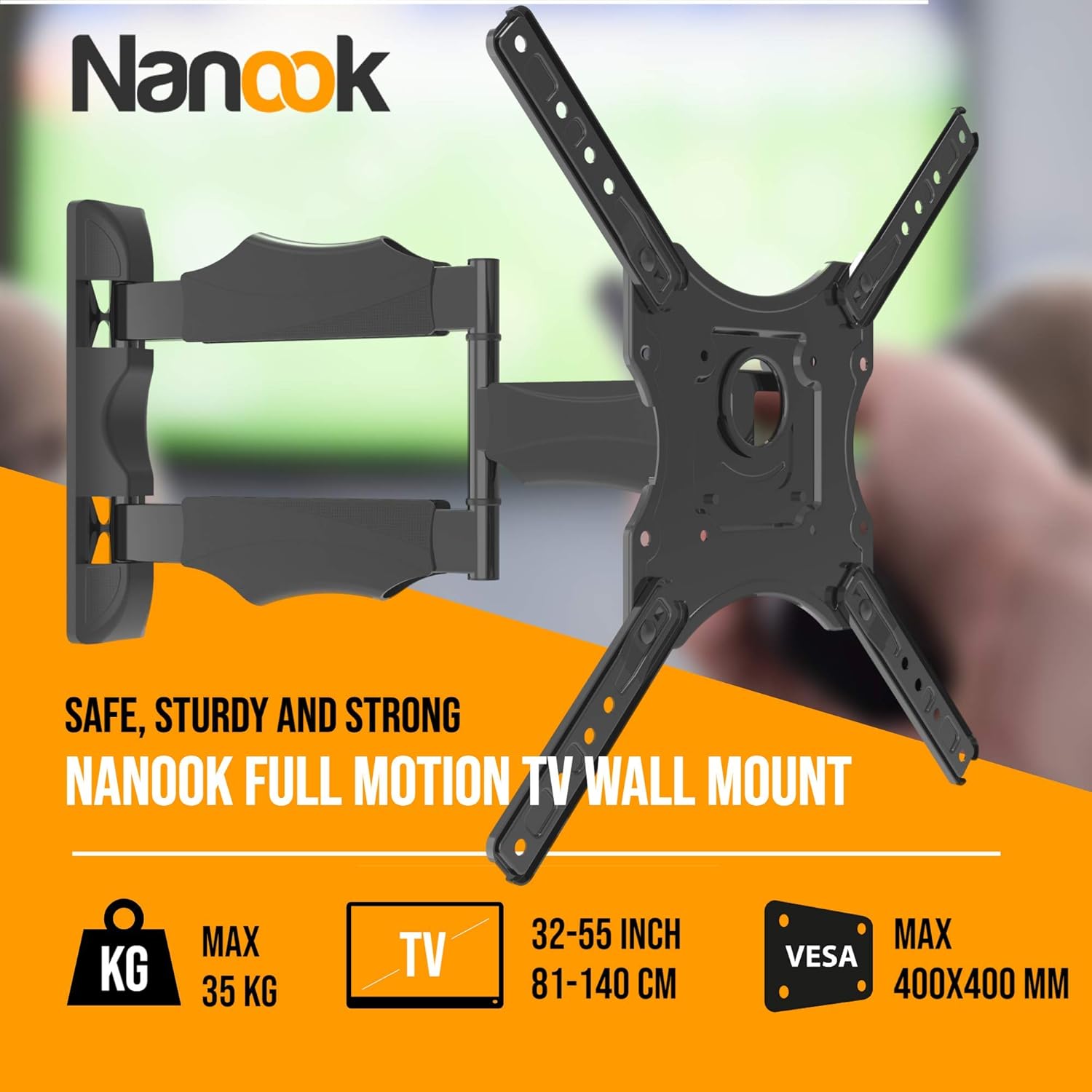 NANOOK full-motion TV wall bracket for 32-55 inch TVs, Schwarz, 32 - 55" - Image 3