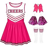 LiuSuper Cheerleader Costume for Girls, Bow&Poms&Socks, Halloween Kids Cheerleading Outfit High School Cheer Leader Dress Up