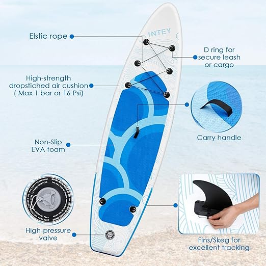 INTEY Tabla Paddle Surf Hinchable 320×76×15cm, Sup Paddle Remo Ajustable, Tabla Stand Up Paddle Board, Bomba de Doble, Seguridad – Modelo Onaga