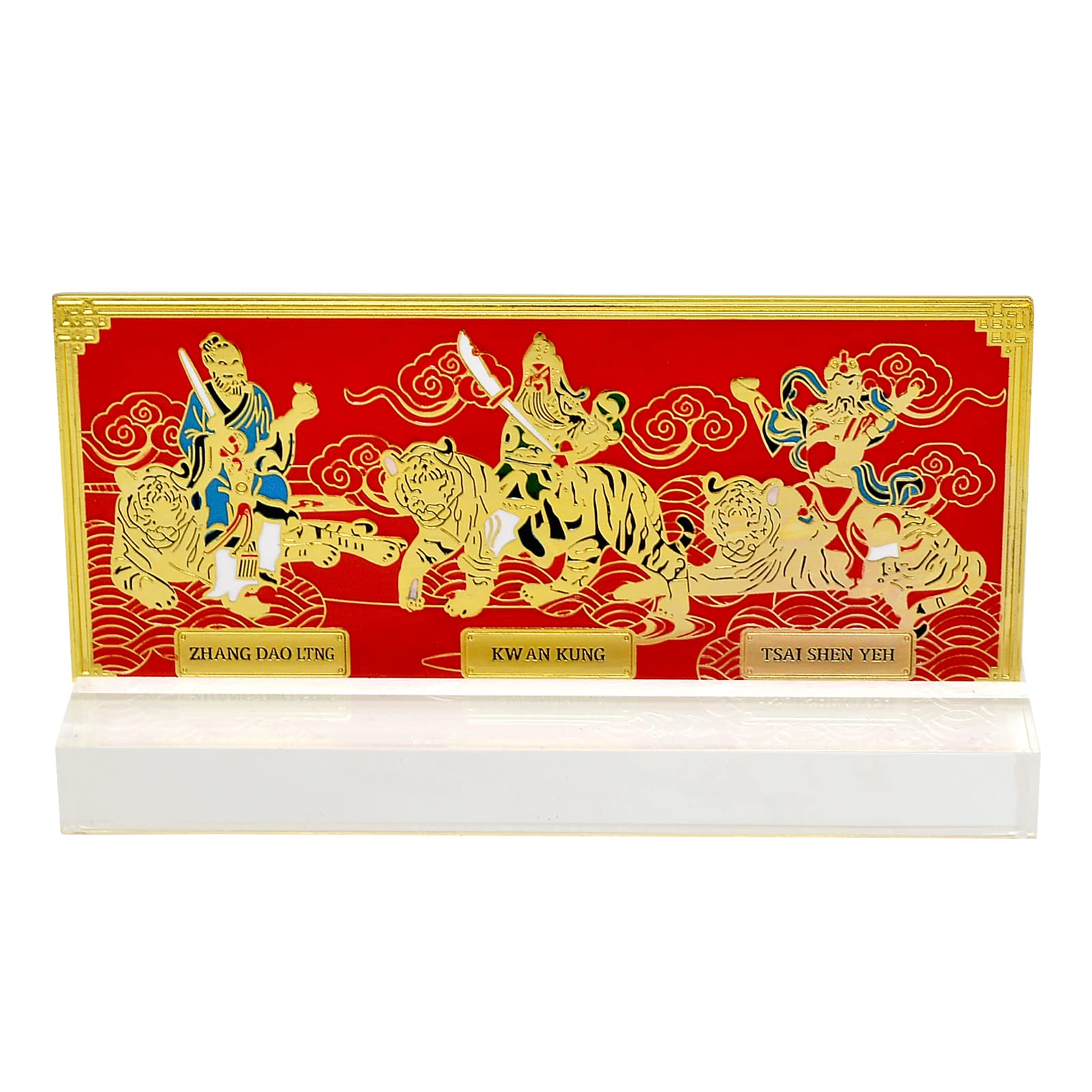 juanxian FengShui Trio of Tigers with Wealth Gods Plaque w Stand W5033