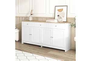 Merax Modern Sideboard Cabinet with 4 Doors & 3 Drawers, Country Style White Wood Grain Buffet Cabinet for Living Room/Dining