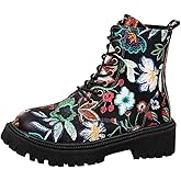 TVNGDLI Women's Flowers Flat Ankle Boots Side Zipped Lace-Up Cowgirl Shoes Western Platform Winter Fall Combat Boots