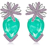 S925 Sterling Silver posts Teardrop Flower Earrings for Women Crystal Dangle Drop Cubic Zirconia Rhinestones Statement Wedding Party Prom Earrings for Mom Wife